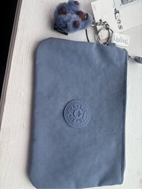 Kipling Slate Blue Zip Pouch with Fluffy Monkey Keychain 😊